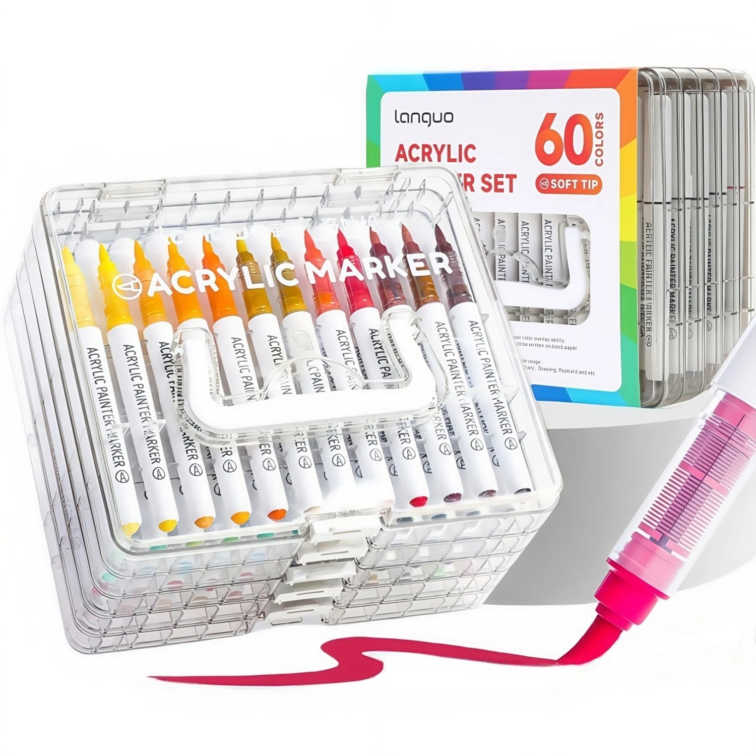 Automatic Ink Control Acrylic Paint Markers, With Layered Storage Box,Brush Tip Acrylic Paint Pens for Rock Painting, Ceramic,