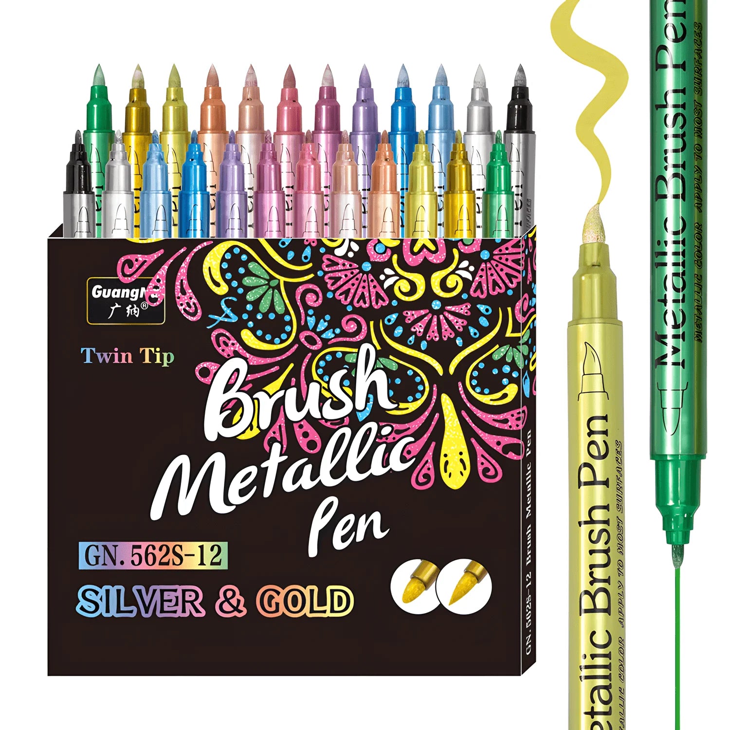 12 Colors Dual Tip Acrylic Paint Pens Markers, Metallic Color Acrylic Paint Pens with Fine Tip & Brush Tip for Art Supplies