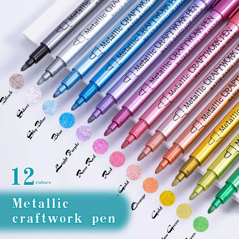 12 Colors Medium Point Metallic Markers Pens for Rock Painting, Black Paper, Card Making, Scrapbooking Crafts, DIY Photo Album