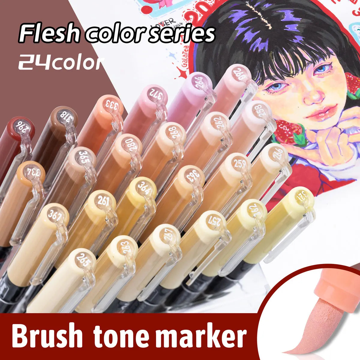 12/24 Colors Skin Tone Markers Pens,Nylon Soft head Acrylic Markers,Waterproof Pen Soft brush Nib Skin Color Figure Painting