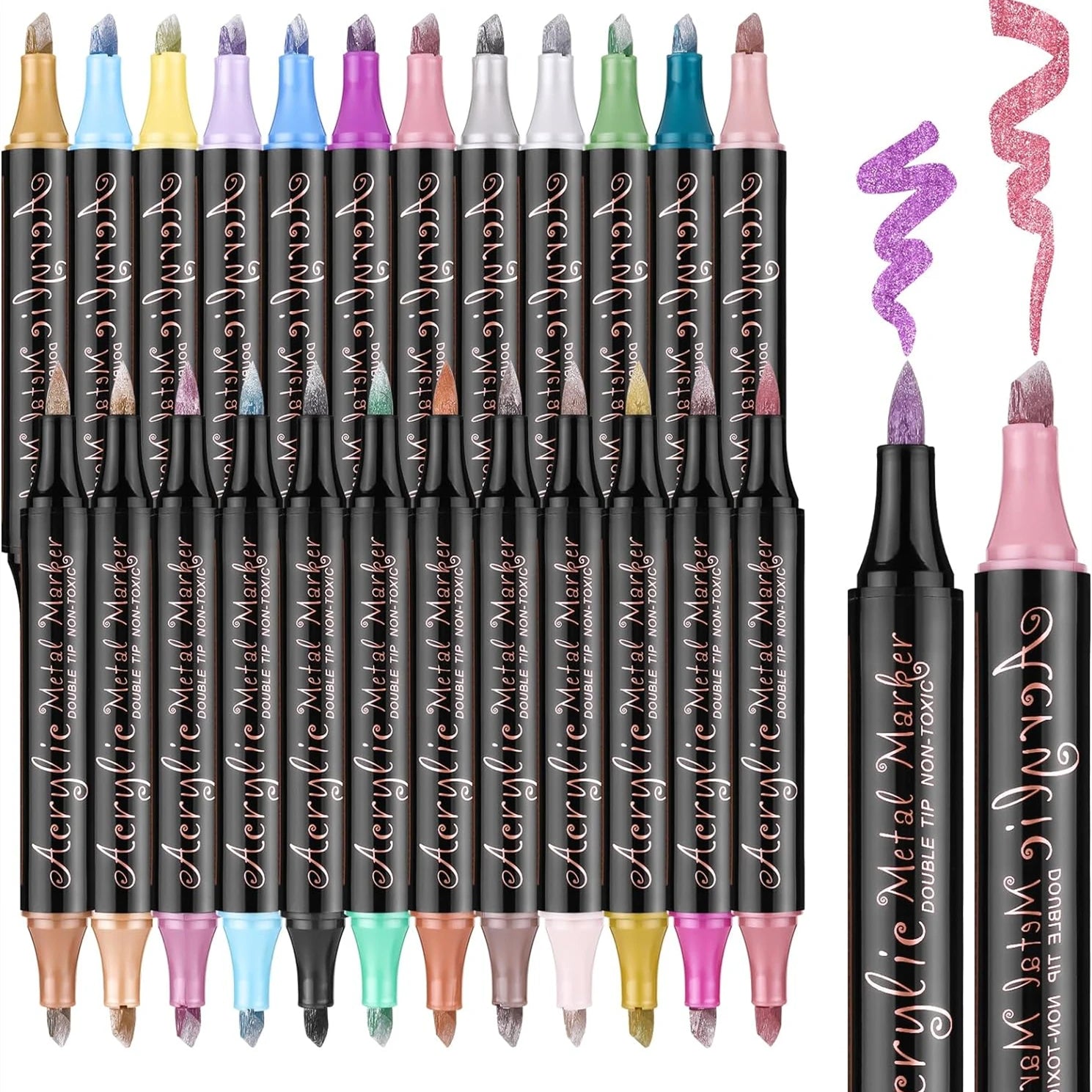 Metallic Paint Markers-12/24 Colors Dual Tip Metallic Paint Pens Acrylic Markers with Brush and Chisel Tip for Wood,Rock,Glass