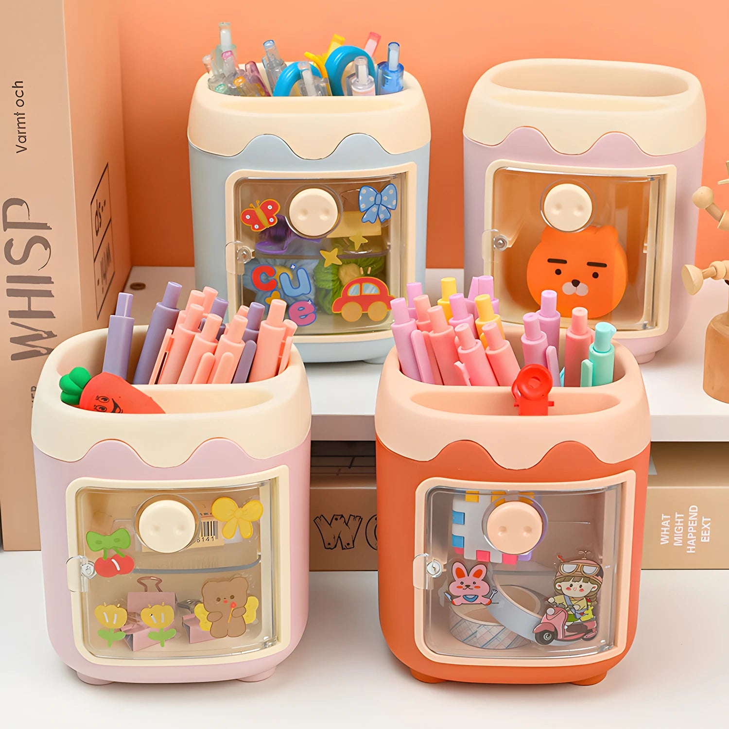 Pen Holder Pencil Organizer with Drawer, Cosmetic Makeup Brushes Holder for Dressing Table, Pig Nose Cute Pen Holder Office