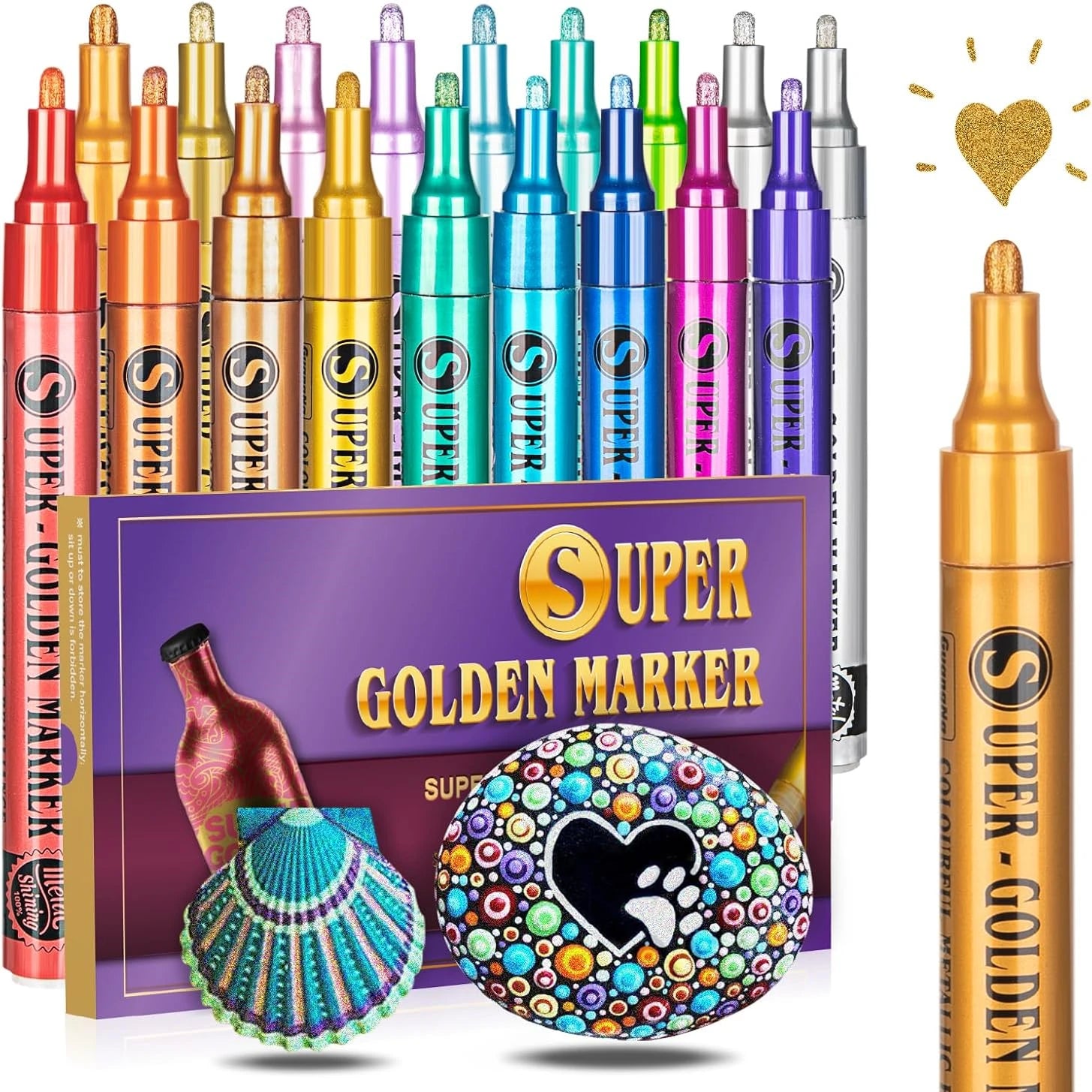 Super Golden Metallic Paint Markers, 12/18 Colors Sparkle Metallic Glitter Markers, Acrylic Paint Pens for Rock Painting, Glass